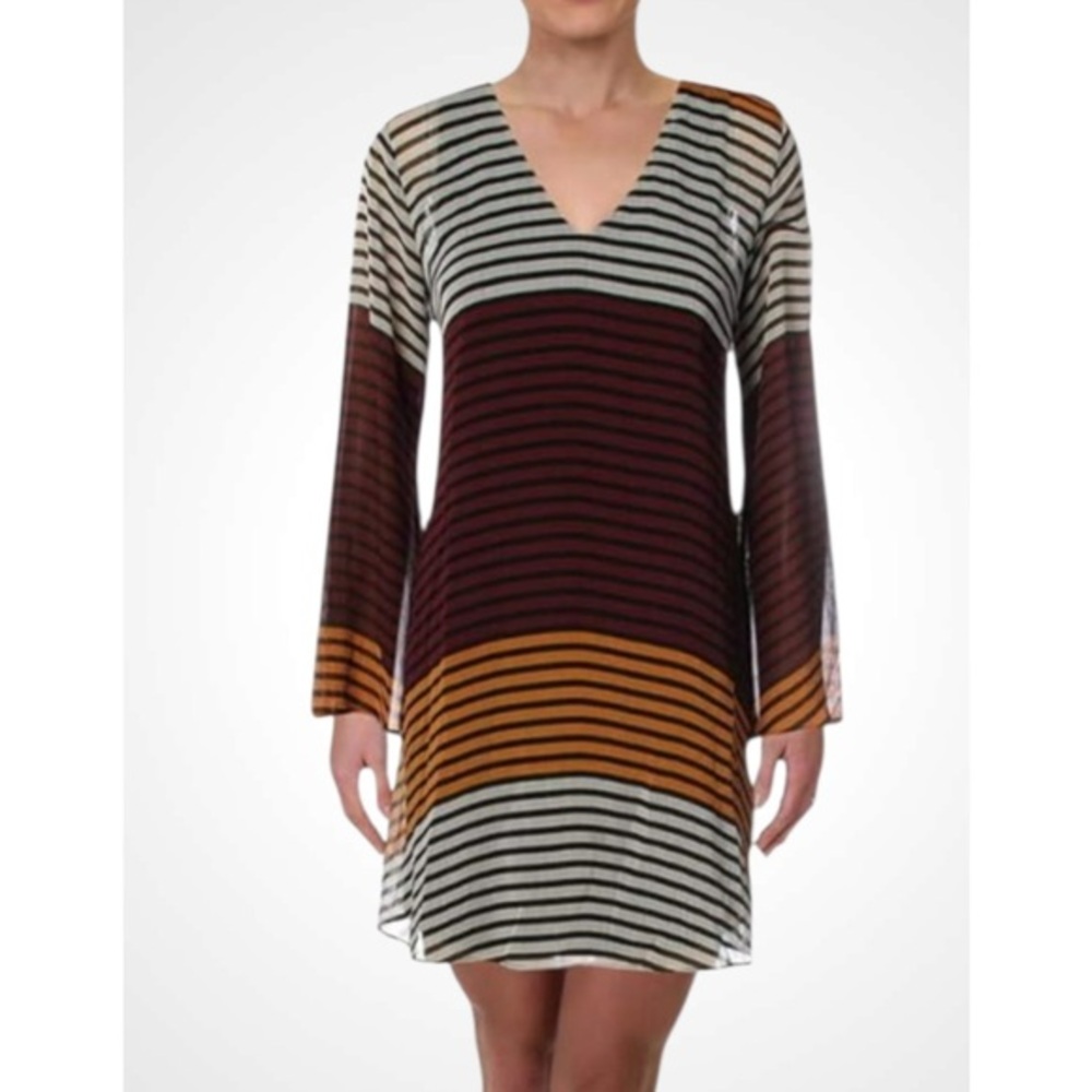 ECI Black White Purple & Mustard Striped V-Neck Long Bell Sleeve Shift Dress 4